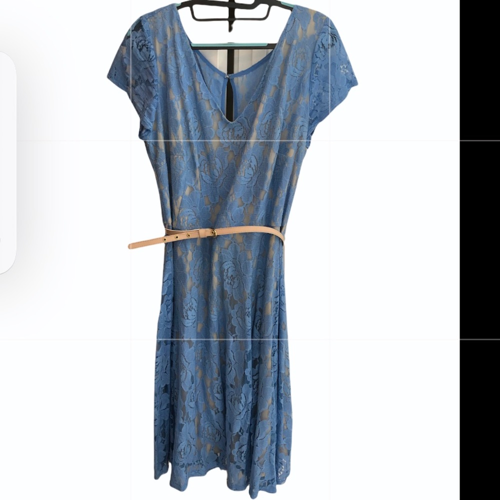 Blue lace plus size dress with belt.